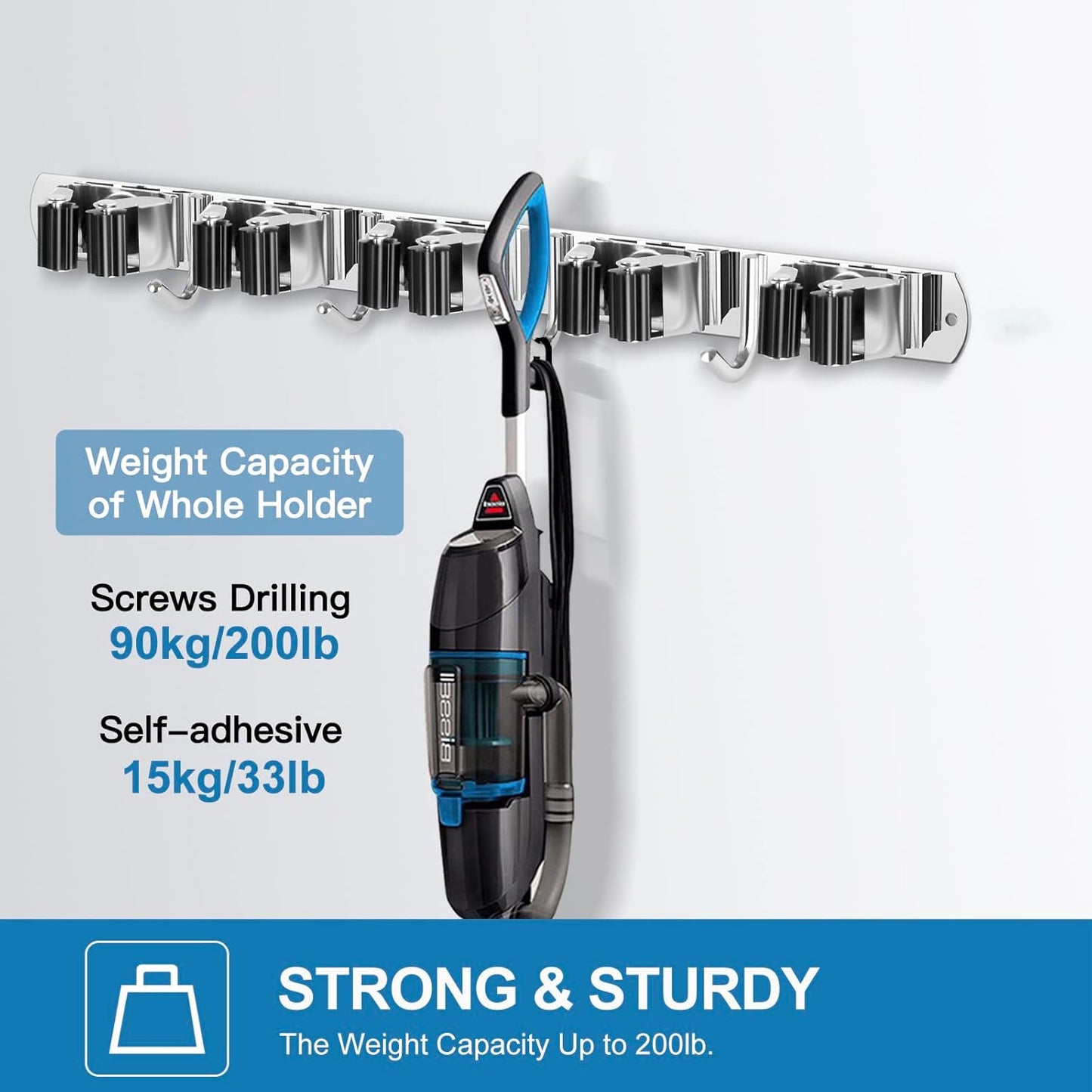 IMILLET 2 Pack Wall Mount Broom Holder Stainless Steel 5 Racks with 4 Hooks Broom Organizer Self Adhesive Heavy Duty Laundry Room, Garage Organization Storage