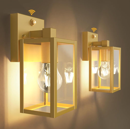 PARTPHONER Dusk to Dawn Outdoor Light Fixtures, 2-Pack Sensor Porch Lights, Waterproof Exterior Wall Sconce Lighting Lamp, Waterproof Wall Lantern for House, Doorway, Garage (Gold)