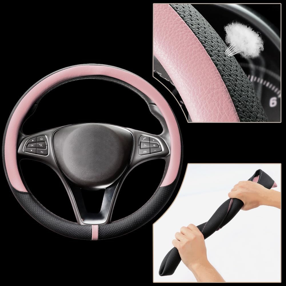 COFIT Breathable Car Steering Wheel Cover 16 inch Auto Universal Leather Wrap Non-Slip Steeringwheel Protector Automotive Interior Accessories, Pink (Suit for 15.5-16 inch)