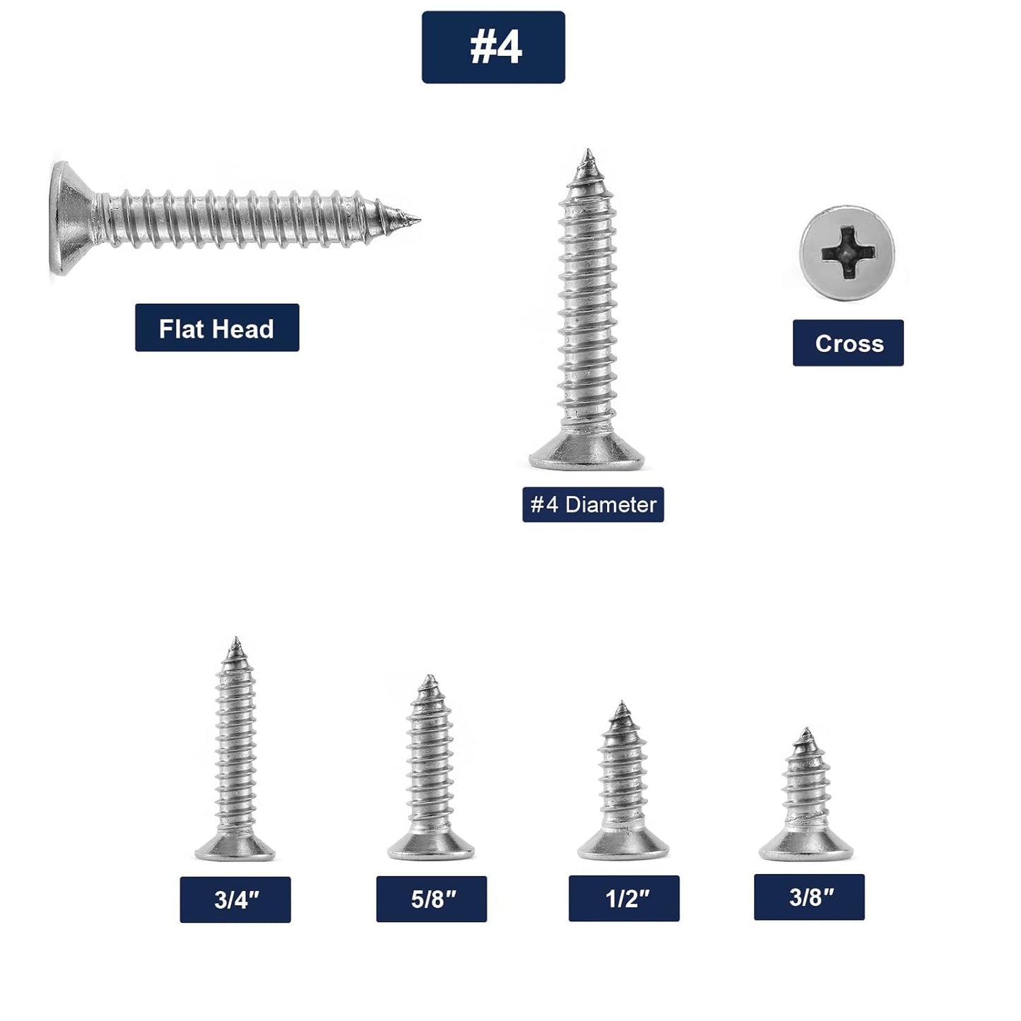 #4 x 5/8" Wood Screw 100Pcs 18-8 (304) Stainless Steel Screws Flat Head Phillips Fast Self Tapping Drywall Screws by SG TZH