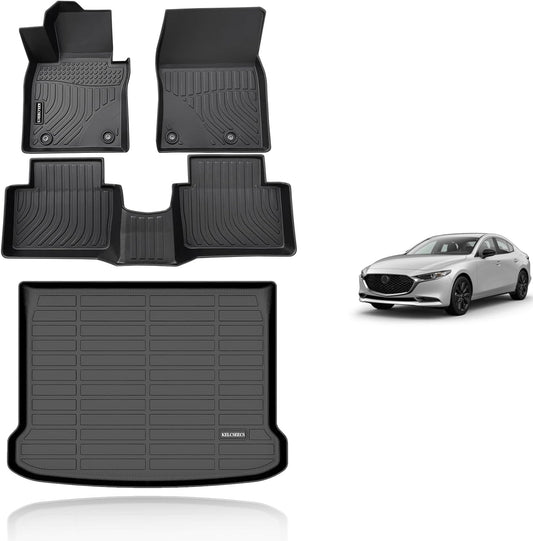 KELCSEECS® Floor Mats & Cargo Liner Custom for Mazda 3 2025 2024 2023 2022 2021 2020 2019(Only Fits Hatchback Models)All Weather Protection TPE Floor Liners Front & Rear Row Full Set Accessories Black
