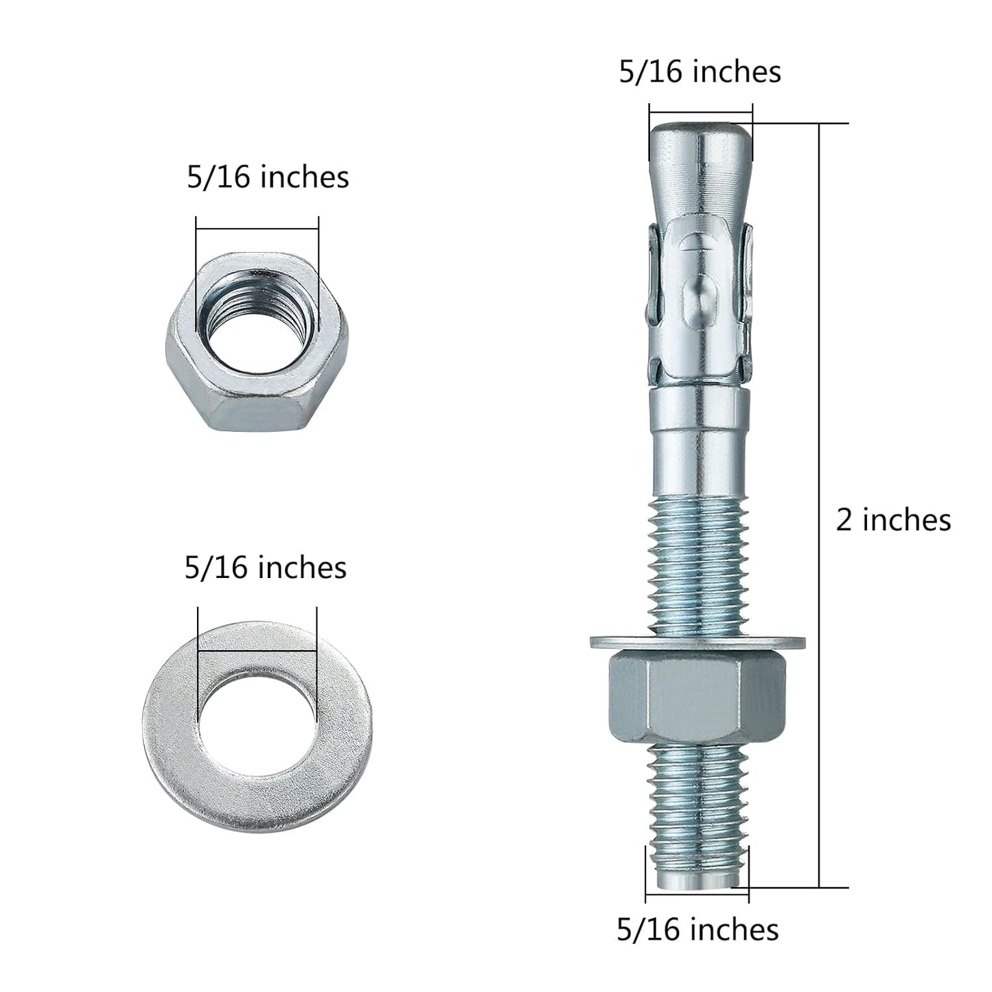 5/16x2" 10Pcs Inch Standard Fasteners for Heavy-Duty Zinc Wedge Anchors for Cement and Concrete