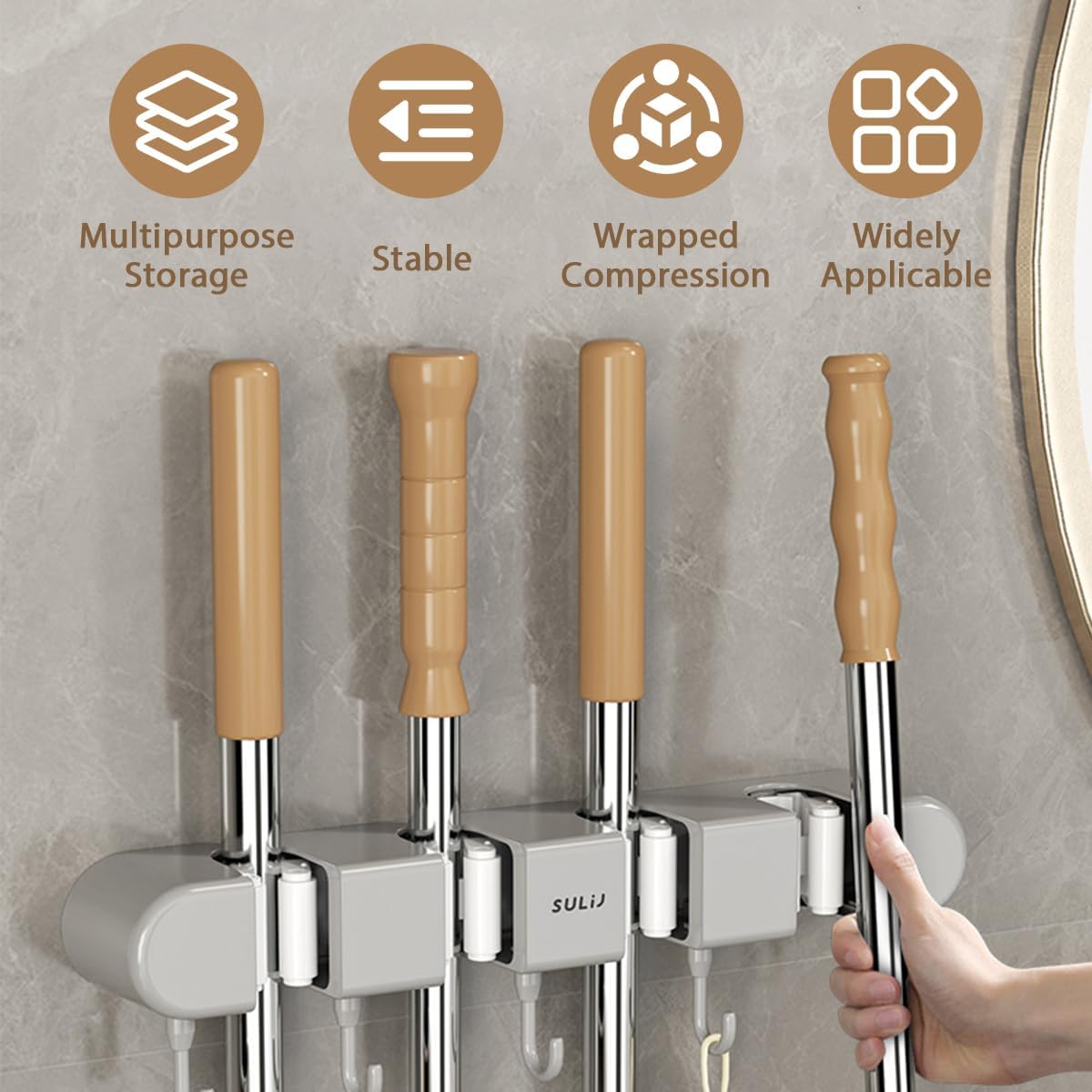 3PCS Broom Mop Holder with Hooks Wall Mounted Broom Storage Rack No Drilling Self-Adhesive Mop Broom Organizer Mop Holder Hanger for Bathroom Office Kitchen Closet Garage,Grey (3)