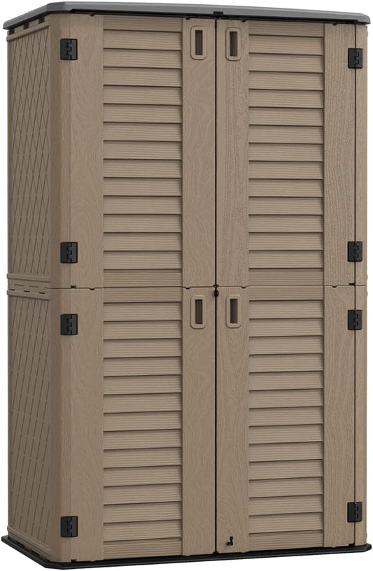 KINYING Sheds & Outdoor Storage, 66 cu.ft Vertical Outdoor Storage Cabinet, Resin Storage Sheds Outdoor with Floor for Garden Tools,Patio Furniture,Garbage Cans(Brown Color)