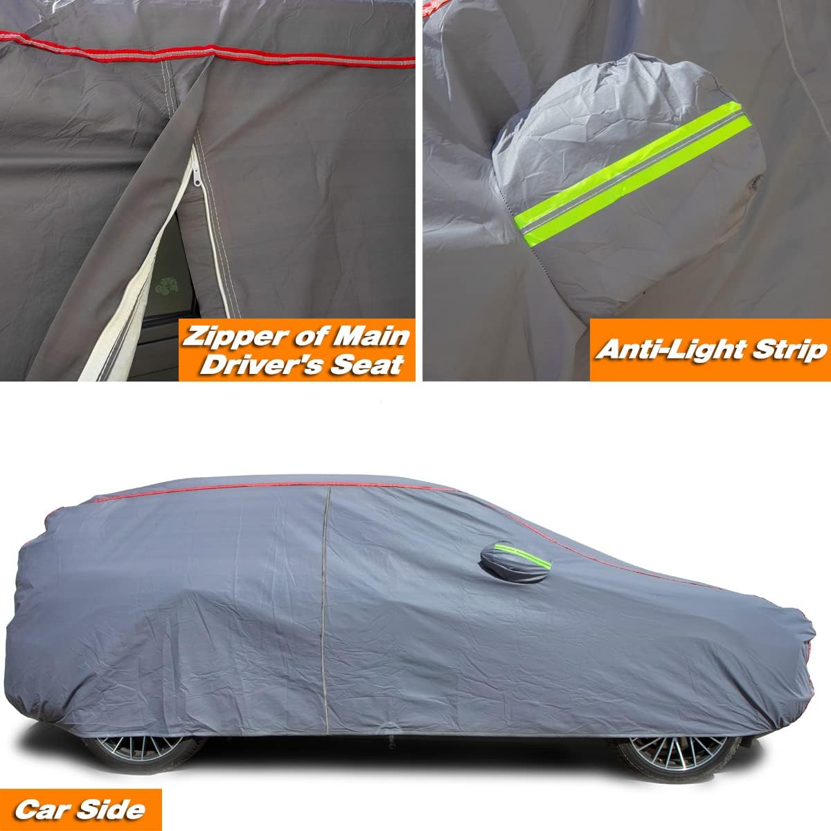 AUQDD 6-Layers PEVA New Material Sedan SUV Full Padded Car Cover Waterproof All Weather Weatherproof UV Sun Protection Snow Dust Storm Resistant Outdoor Exterior Custom Form-Fit Straps 165"-179" Grey