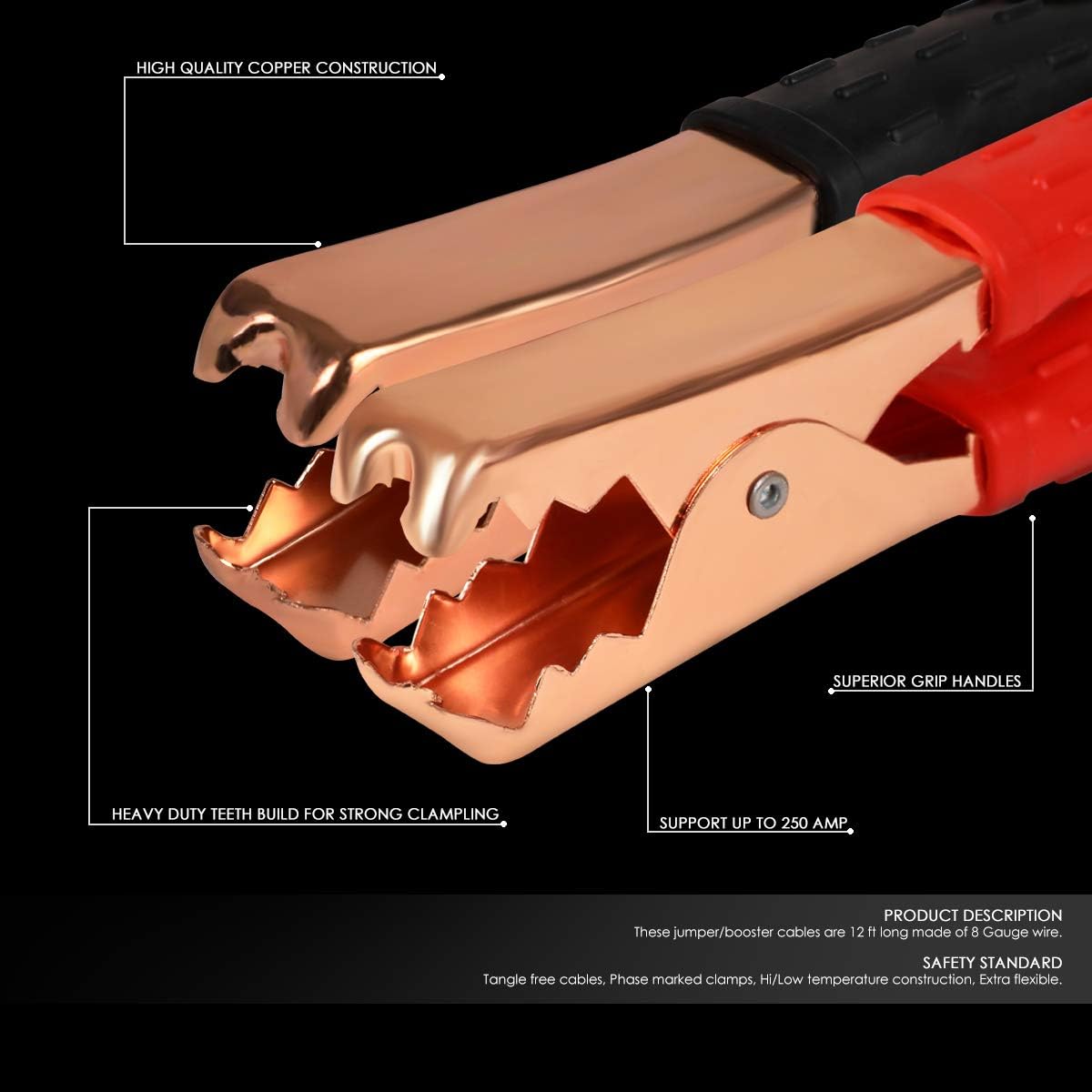 Auto Dynasty Heavy Duty 12Ft 8Gauge Booster Cable Power Jumper 250AMP Emergency Battery Start Car/Motorcycle
