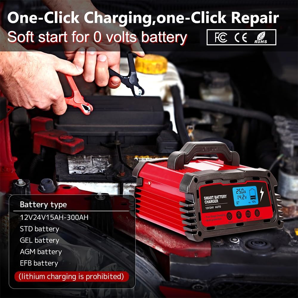 LVYUAN 2/10/25 Amp Car Battery Charger,12V Fully Automatic Smart Battery Maintainer with Engine Start, Trickle Charger, Auto Desulfator, Battery Repair, for All Lead-Acid