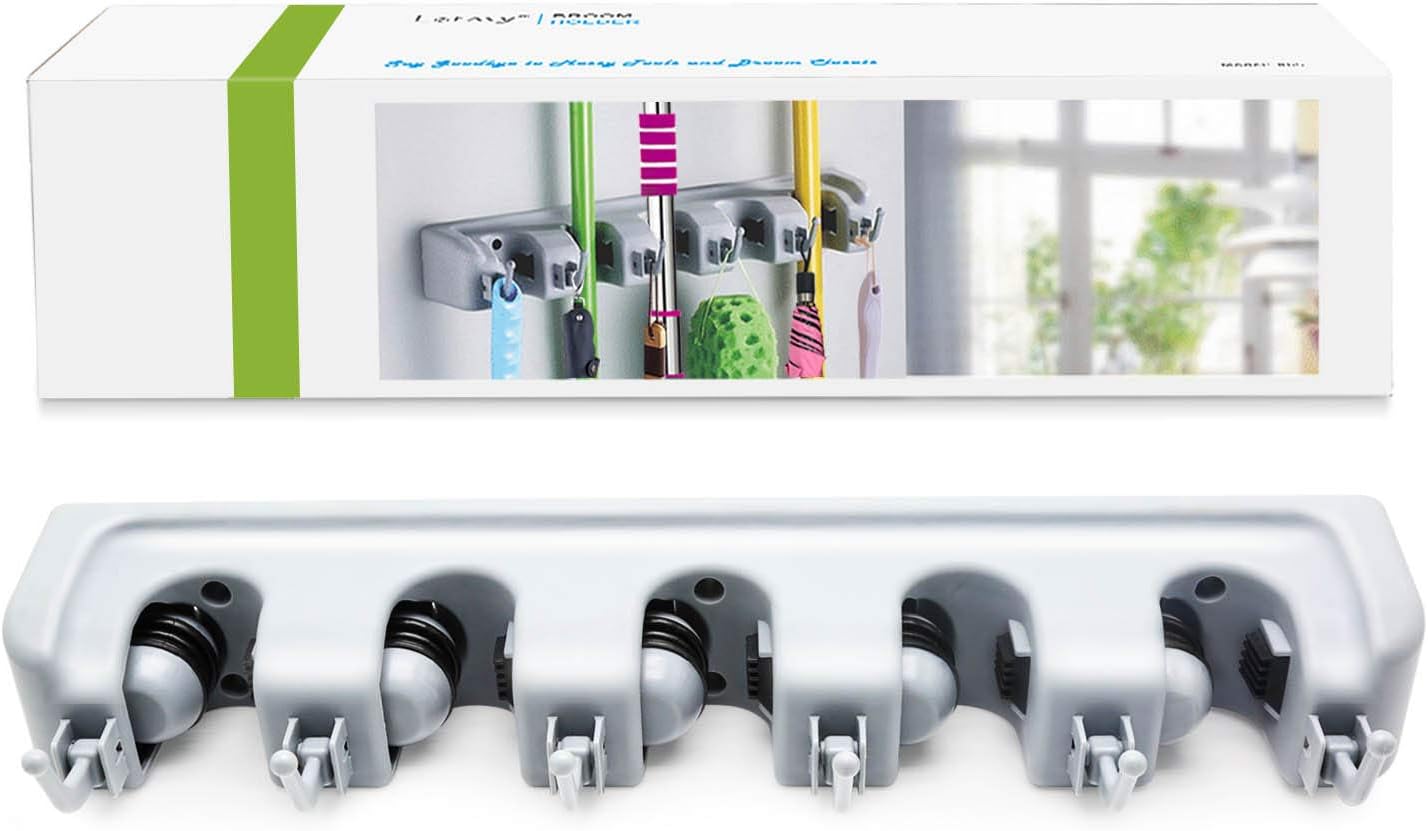 LETMY Broom Holder Wall Mounted - Mop and Broom Hanger Holder - Garage Storage Rack & Garden Tool Organizer - 5 Position 6 Hooks for Home, kitchen, Garden, Tools, Garage