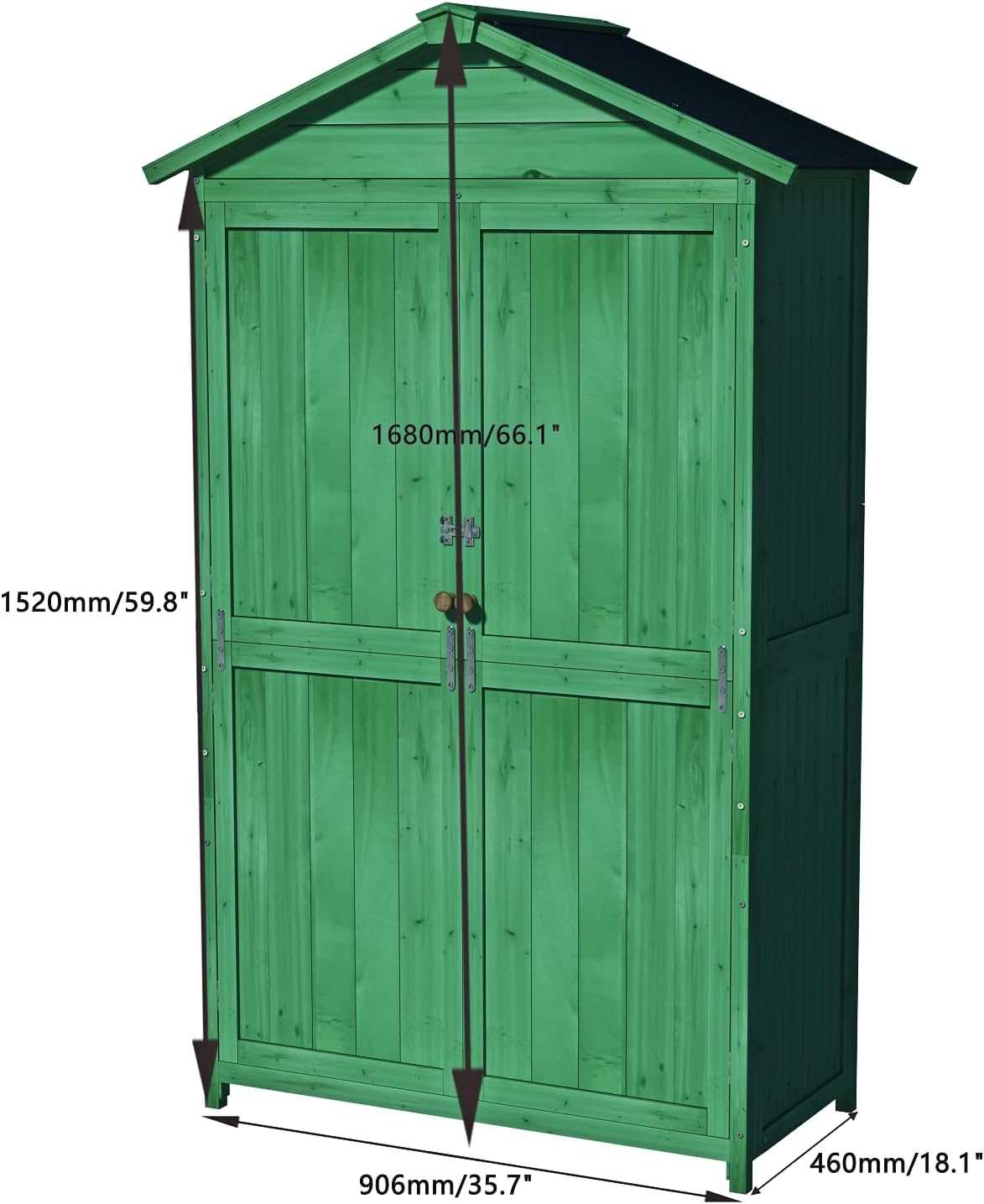 35.6" Outdoor Storage Shed,Wooden Shed with 4-Tier Removable Shelves,Garden Tool Cabinet W/Double Doors & Handles,All Weather Waterproof House W/Sloped Waterproof Asphalt Roof,Forest Green
