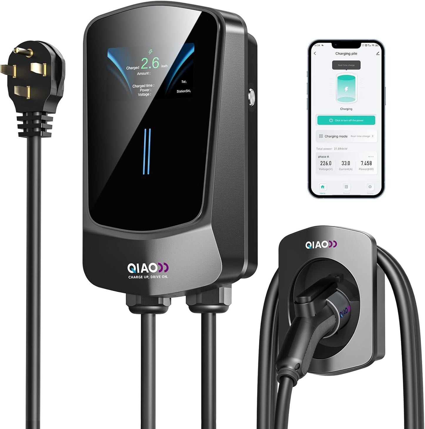 QIAO Level 2 EV Charger, Up to 40A Electric Car Charger, Wi-Fi Bluetooth APP Enabled EVSE, 4.3in Display, 25ft Cable, NEMA 14-50 Plug Charge Station Compatible with All SAE J1772 EV Models Black