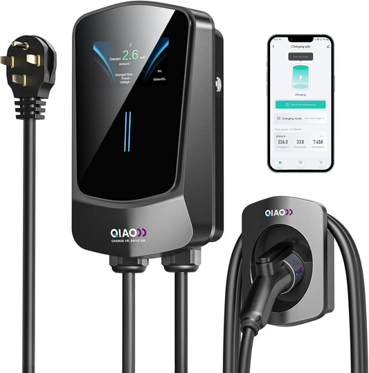 QIAO Level 2 EV Charger, Up to 40A Electric Car Charger, Wi-Fi Bluetooth APP Enabled EVSE, 4.3in Display, 25ft Cable, NEMA 14-50 Plug Charge Station Compatible with All SAE J1772 EV Models Black