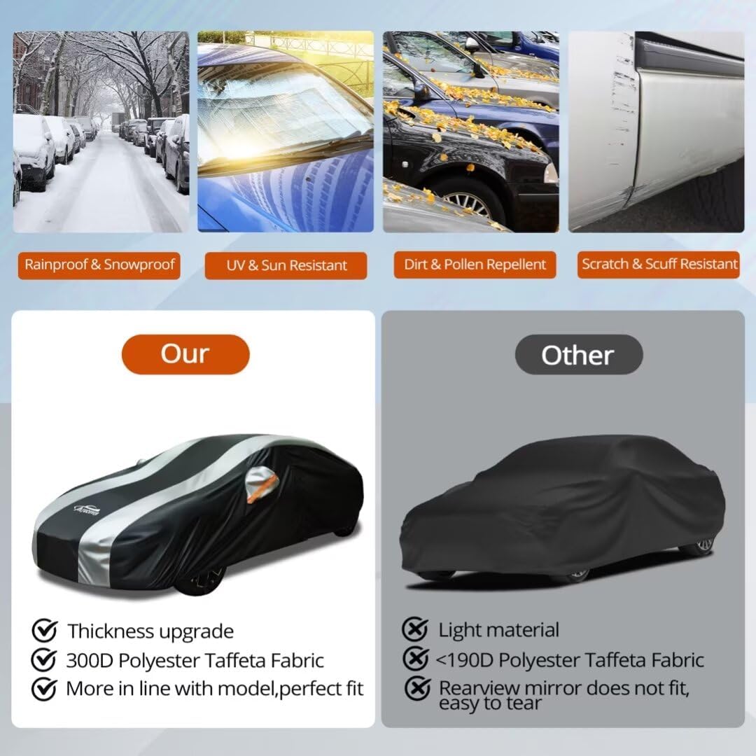 Waterproof Car Cover with Silver Stripe Design,Outdoor/Indoor Car Cover for Automobiles All Weather Waterproof Universal Fit Audi A8, Lexus LS500, Jaguar XJ,Benz S-Class