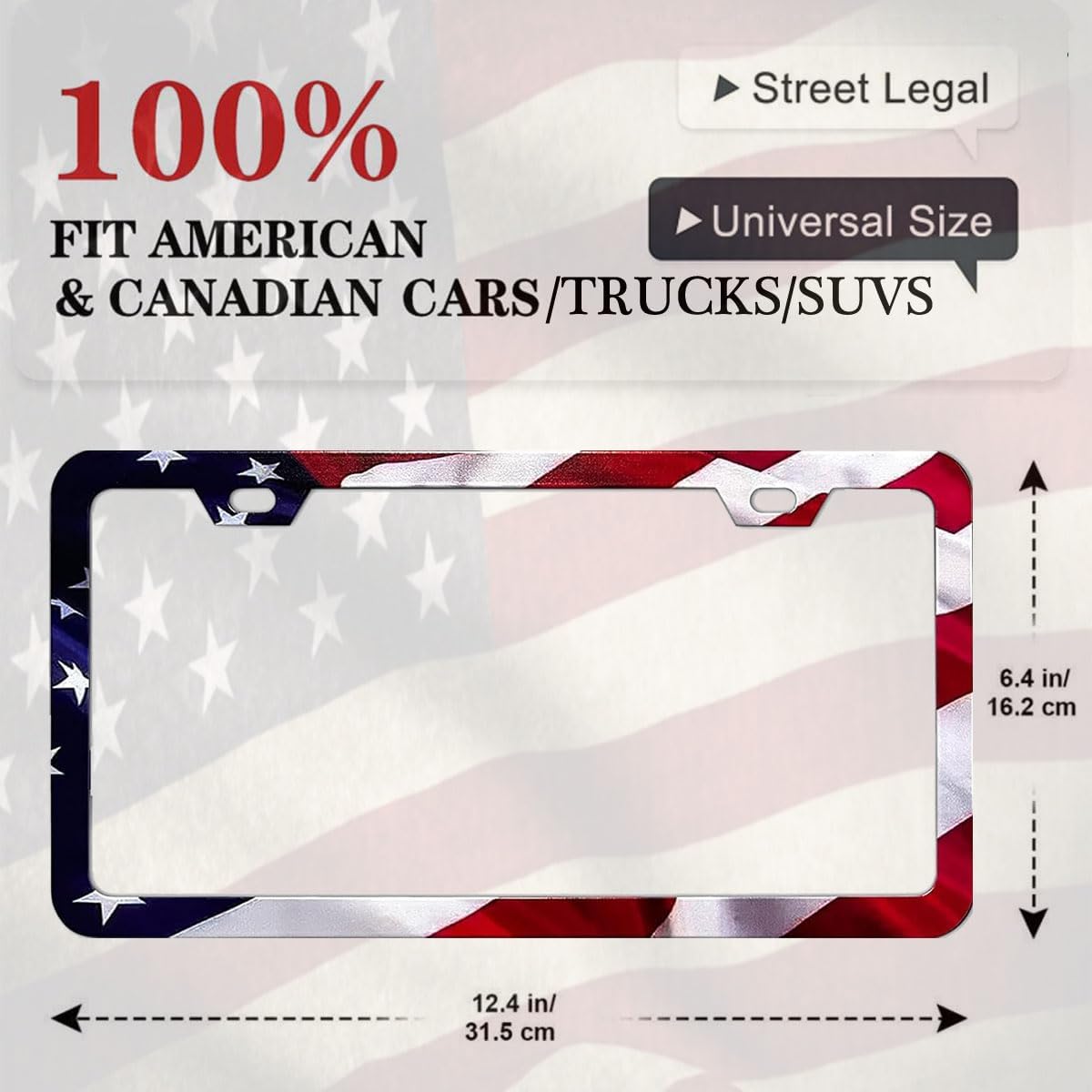 2Pack US Flag License Plate Frames- Heavy Duty Rustproof Flag License Plate Tag Holder Bracket Fits All US States with Screws Included