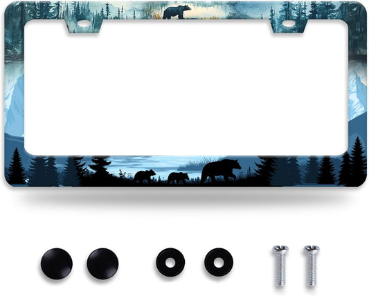 Bear License Plate Frame Forest Mama Bear License Plate Holder Funny Personalise Car Stainless Stee Decorative Parts for Standard Us Canada Vehicles 12x6 Inch for Women Men