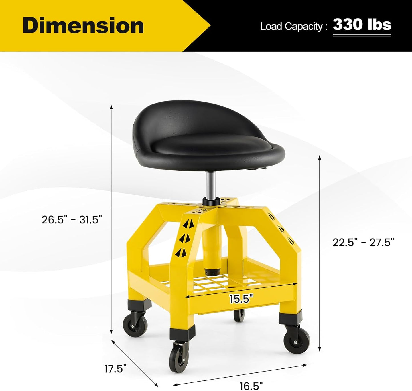 Goplus Rolling Garage Stool, 22.5”-27.5” Adjustable Mechanic Chair with Padded Seat, 330LBS Capacity, Tool Tray, Heavy Duty Creeper Seat, 360° Swivel Shop Stool for Workshop