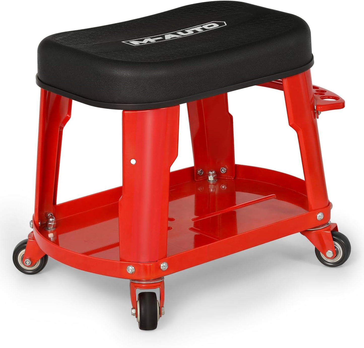 M-AUTO Heavy Duty Garage Rolling Work Seat 300LBS Capacity Mechanics Stool with Wheels, Rolling Work Seat with Equipment Tray and Tool Rack, Rectangle Seat Mechanic Roll Chair, Red