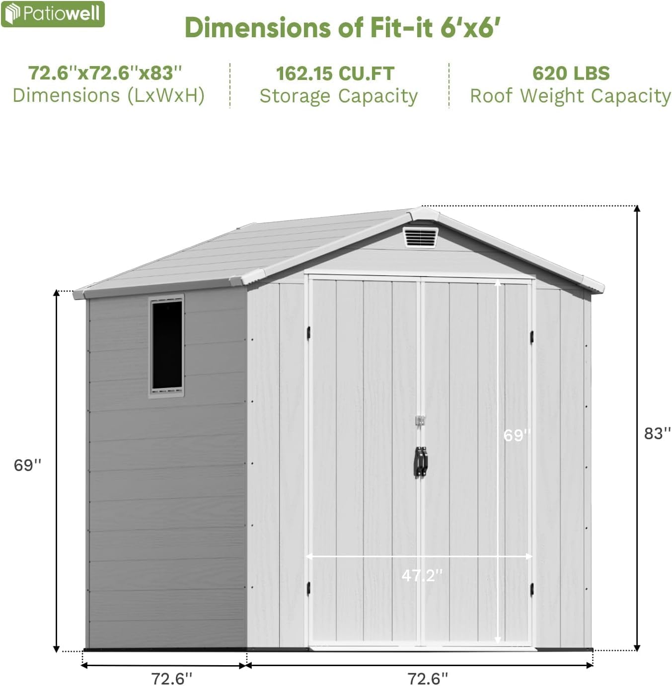 Patiowell 6x6 FT Outdoor Storage Shed with Floor - Resin Tool Shed with Lockable Door & 2 Windows, Easy Assembly for Garden, Backyard, Lawn Equipment, Light Grey