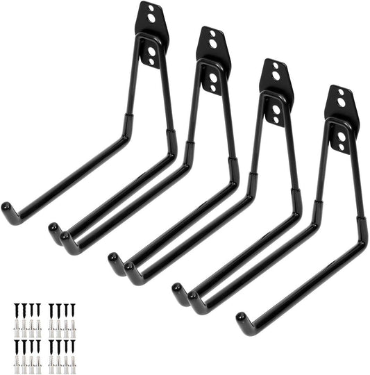 Wall Mount Heavy Duty Double Utility Tools Hooks with Anti-Slip Coating for Garage Storage Organizer Shovels Chair Hose, Pack of 4