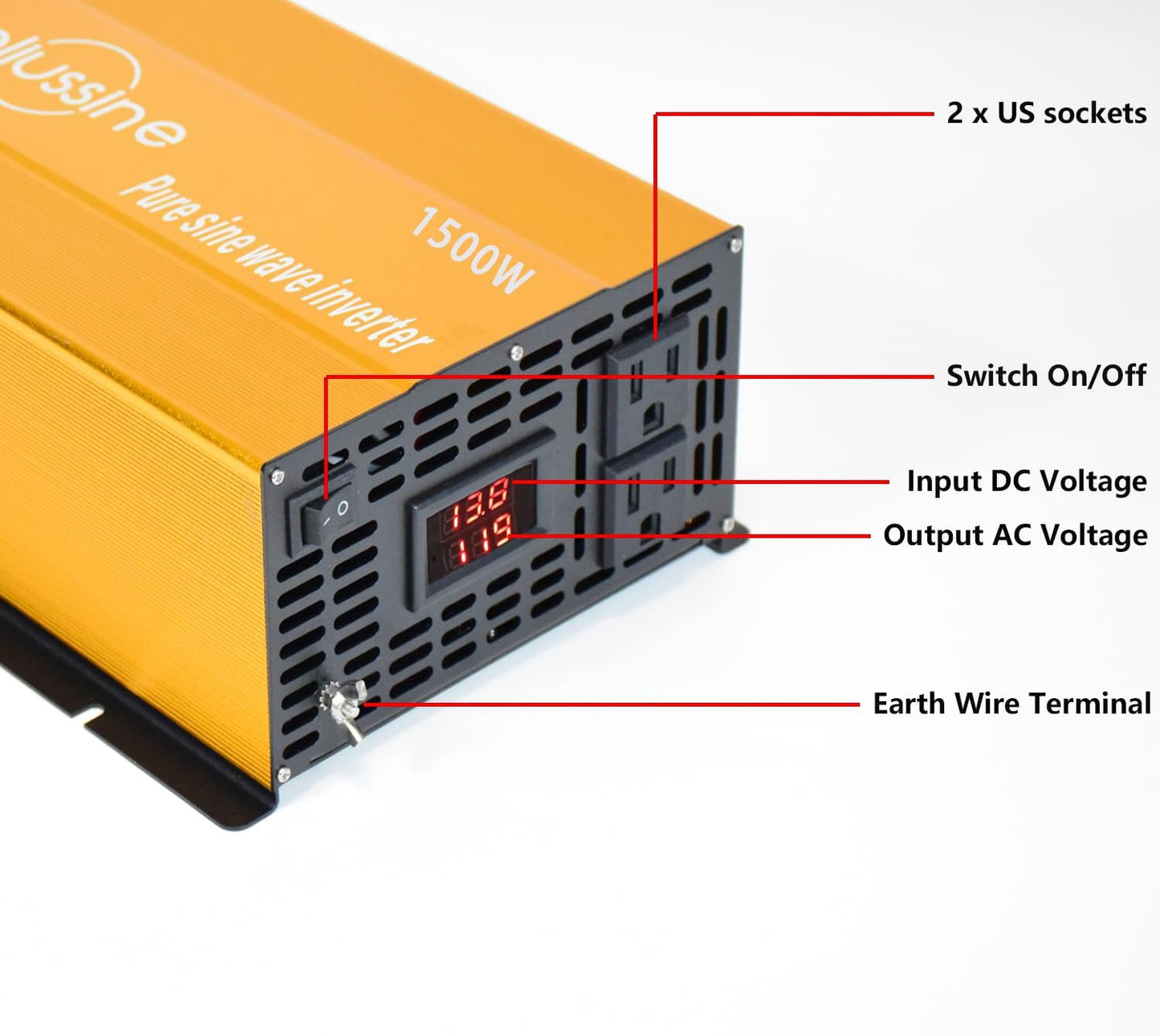 1500W Pure Sine Wave Inverter-36V DC to 110V 120V AC Power Converter with 2 AC Outlets, 36 Volt Power Inverter for Truck, Rv, Camping, Home, Emergency Power