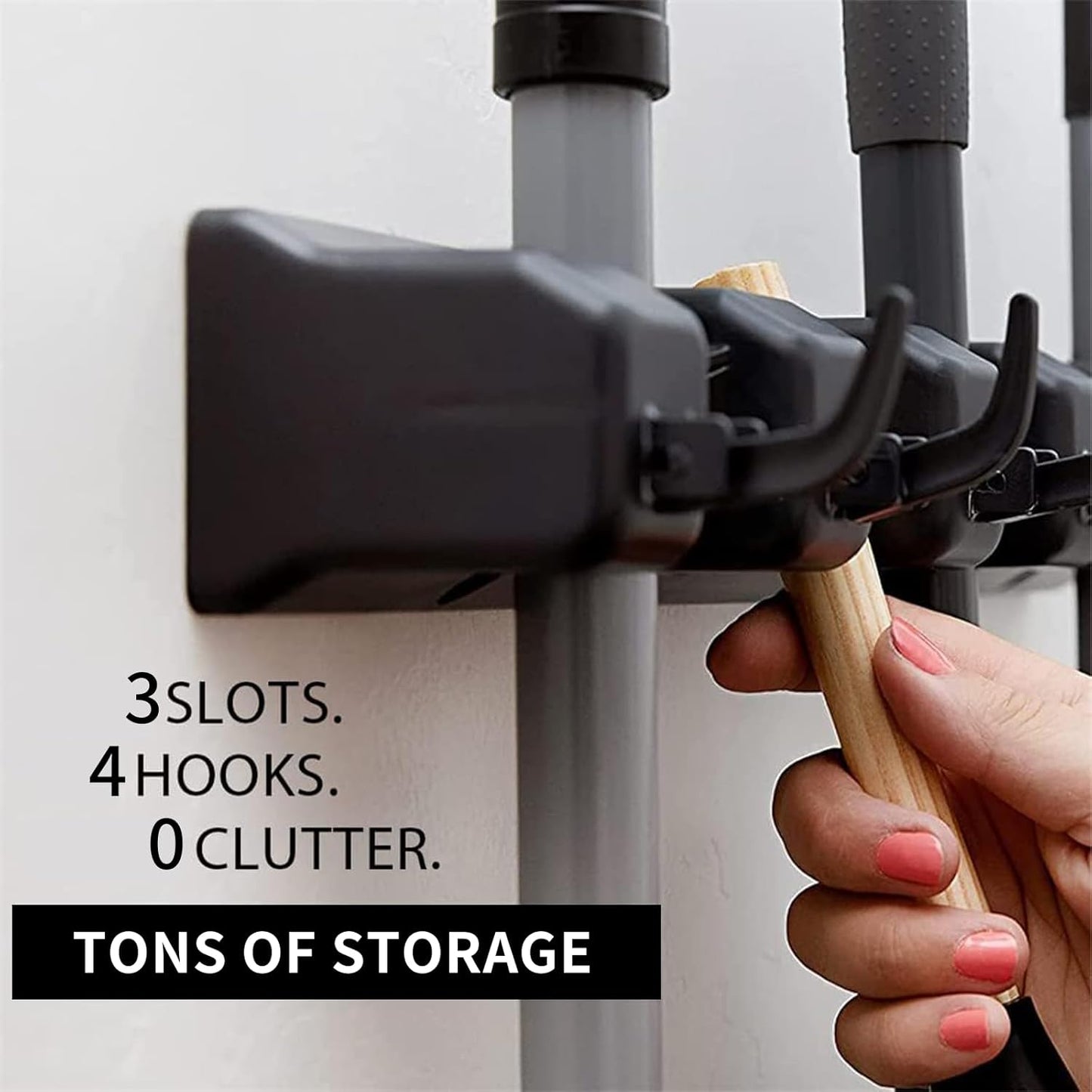 Broom and Mop Holder Wall Mount, Hooks Hanger for Mops and Broom, Organizer Kit with 3 Slots and 4 Hooks, Perfect for House, Bathroom, Laundry, Garden, Tool Room, Garage, Wall Mounted, Black