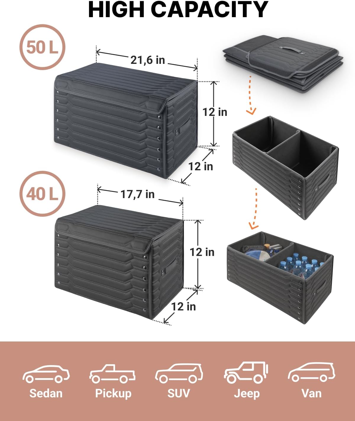 Foldable Trunk Organizer For Car - Trunk Organizers Car Storage - Collapsible Auto Trunk Organizer With Lid - Small And Large Cargo Organizer - Trunk Organization (Highway 17+21)