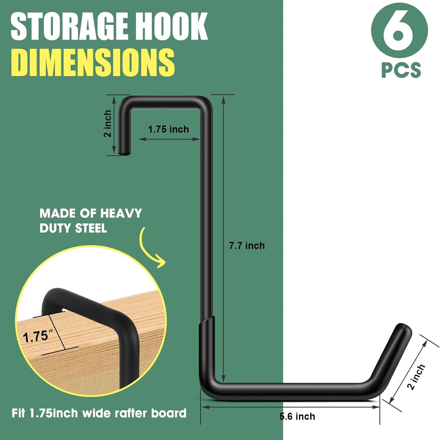 Bike Hooks for Garage 6 Pcs Ceiling Bike Hangers, Steel Metal Large Hook with Non Slip Coating, Storage Organizer Bicycle Hooks for Hanging Ladder Plants Chairs Sport Equipment (Black)