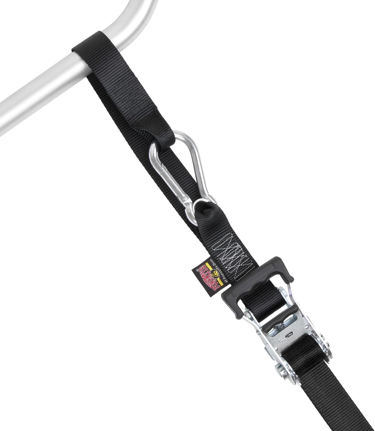 PowerTye - Made in USA - Extra Long Ratchet Tie Down Straps, Heavy Duty with Carabiner Hooks, Soft-Tye & Bag, for Motorcycle, ATV & Cargo, 1,000 lb WLL, 1.5 inch x 10ft Long, Black/Black (Pair)