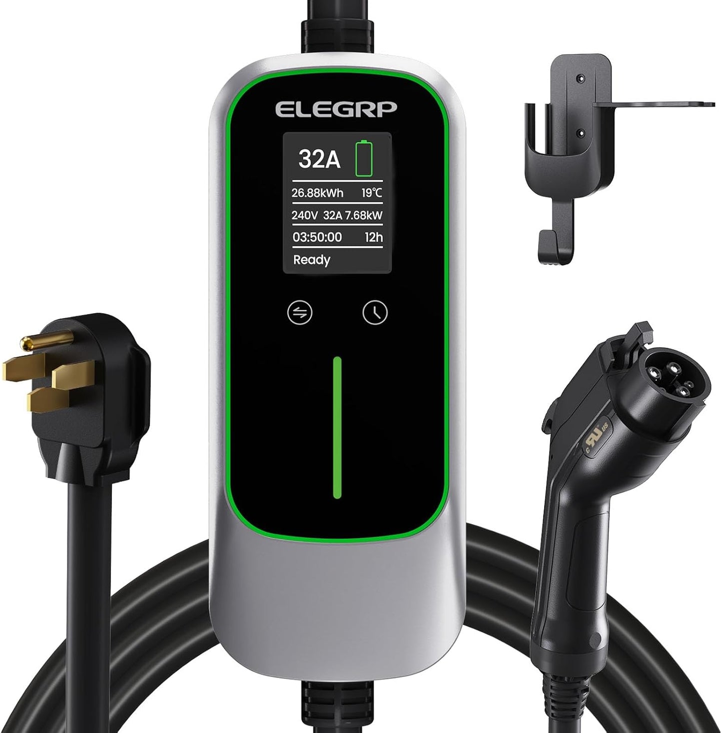 ELEGRP Level 2 EV Charger for Home, 32 Amp, ETL Certified, PBE & LCD Technology, 25ft J1772 Cable with NEMA 14-50 Plug, Plug and Play, 240V for BEVs/PHEVs
