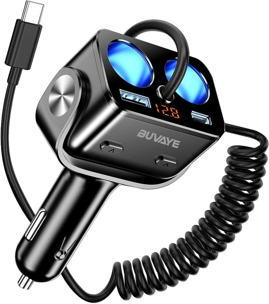 5 in 1 Cigarette Lighter Splitter with 5ft Coiled Cable, 2-Socket Cigarette Lighter Adapter, Dual Car Charger Splitter, 12V/24V Splitter for iPhone/iPad//GPS/Dash Cam/Laptop