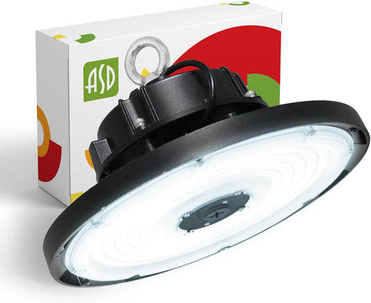 ASD LED High Bay UFO Light Fixture, Commercial Shop Lighting | Dimmable, IP69K Waterproof, DLC Premium, UL Listed | 150W 22000LM 5000K 277-480V | Warehouse, Garage, Workshop, Barn Lamp | Black