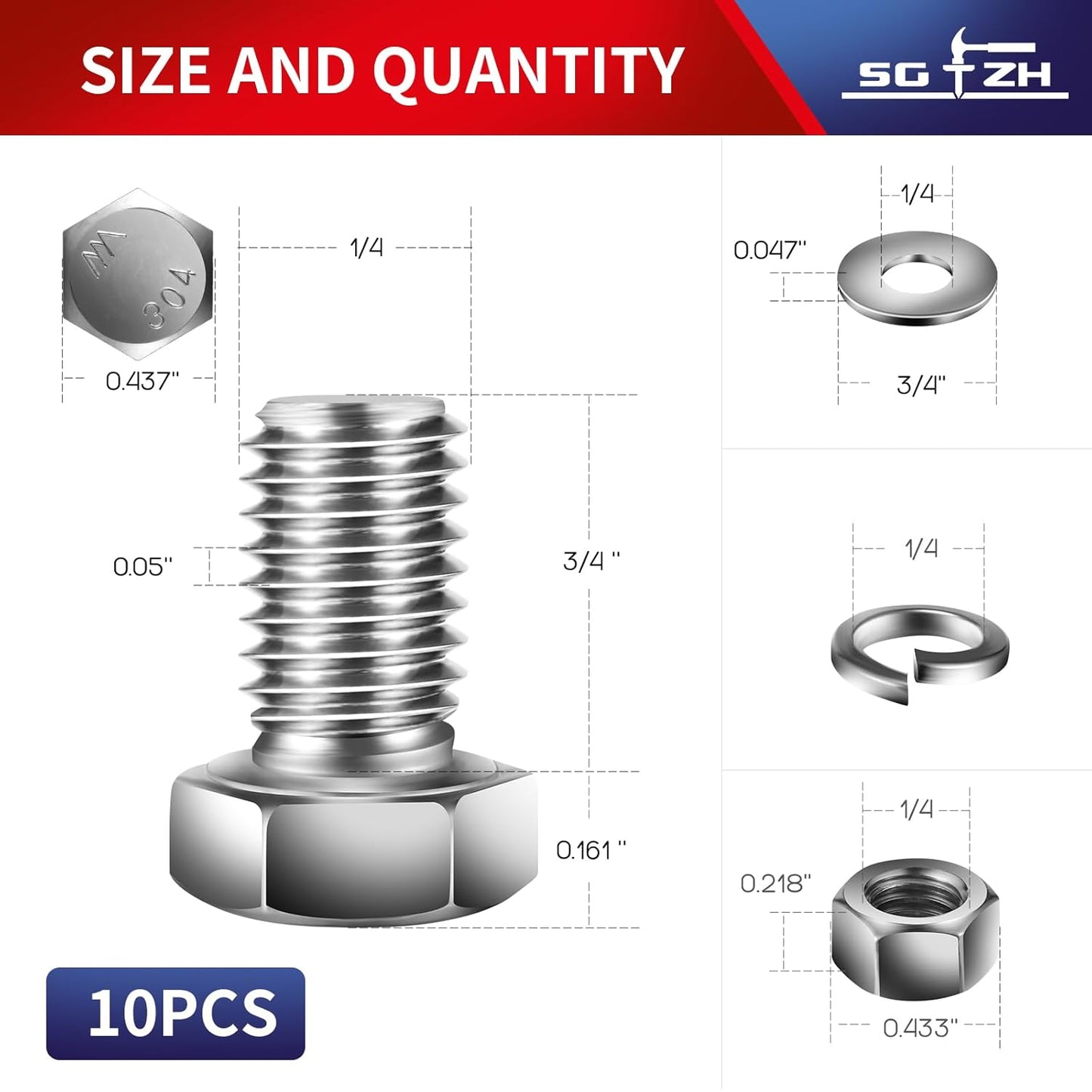 1/4-20 x 3/4" Hex Head Screw Bolt, Nuts, Flat & Lock Washers, 10Pcs 18-8 (304) Stainless Steel, Fully Threaded, by SG TZH