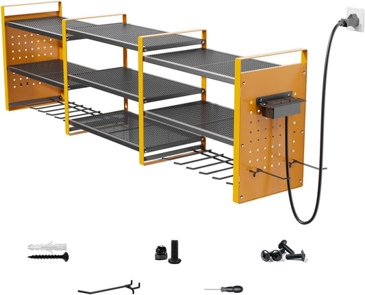 Heavy-Duty 48" Wall Mount Power Tool Organizer with Charging Station – 3-Tier Garage Organization Rack for Drills, Wrenches & Tools – Includes 16 Hooks & Pegboard Sides