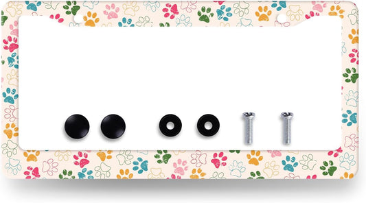 Colorful Dog Paws License Plate Frame Animal Dogs License Plate Holder Stainless Steel Funny Design with 2 Holes and Screws 12.3" x 6.3"