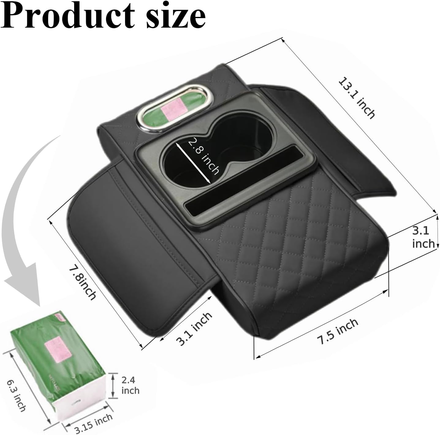 Car arm Rest Cover Pad, 5-in-1 Center Console Cover with Cup Holder, Tissue Box Slot, Mobile Phone Storage Slot, Suitable for Most Car Console Organizer, 13.8''x7.1''x3.0'', (Black)