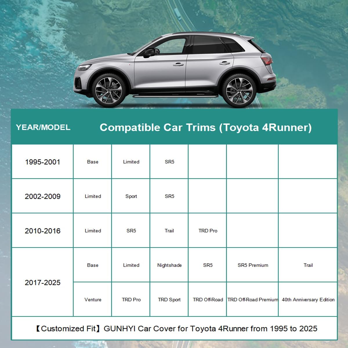 Premium Car Cover Custom Fit Toyota 4Runner (1995-2025), 16 Layers Heavy Duty Car Cover Waterproof All Weather with Zipper Door for Sun Rain Snow Dust Uv Protection