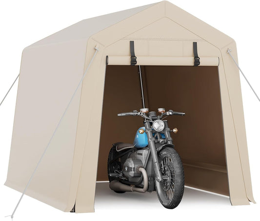 6x6 Ft Carport Heavy Duty Tent with Roll-Up Windows, Portable Garage with Removable Sidewalls & Doors, Car Canopy All-Season Tarp for Car Boat Truck Motorcycle, Khaki