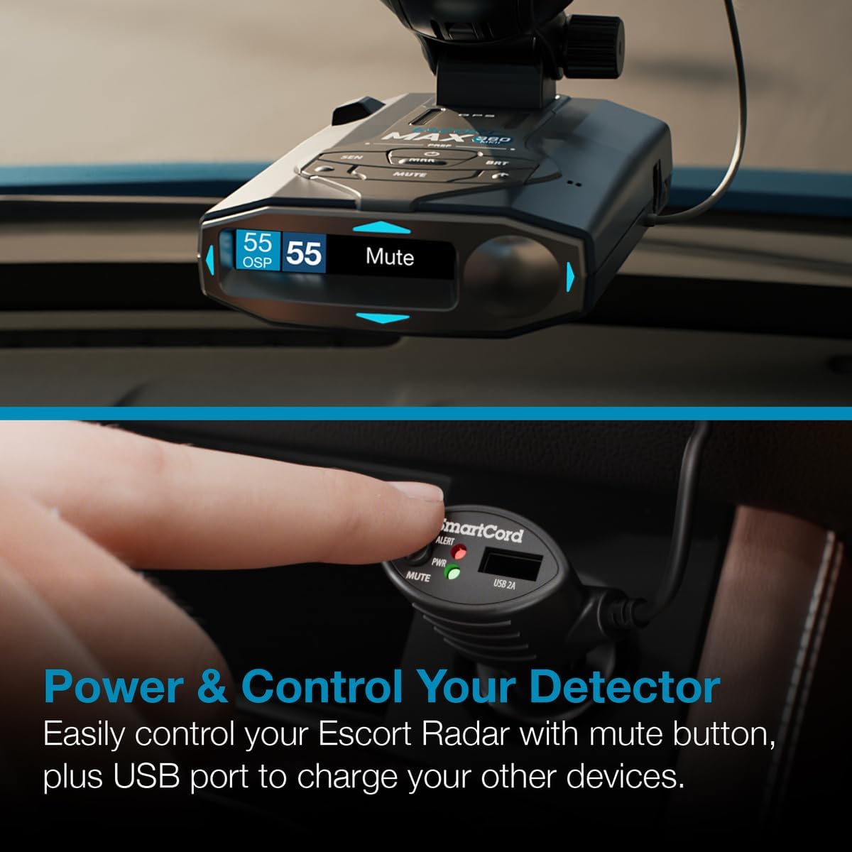 Escort Cobra Official SmartCord USB, Half Straight Half Coiled Cord with USB Charging Port, Works with All Current Generation Escort and Cobra Windshield Mounted Detectors, Apple and Android Devices