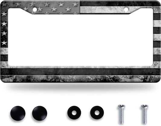 Grey Black American Flag License Plate Frame Vintage USA Flag License Plate Stainless Steel Funny License Plate Holder Patriotic Car Accessory Car Decoration 12.3" x 6.3"for Men Women