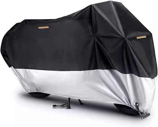 Motorcycle Cover, 210D Oxford Cloth, with Reflective Stripes, Waterproof Outdoor Protection, All-Weather Universal car Cover, with Lock Holes and Storage Bag. (Black Silver, 90.5")