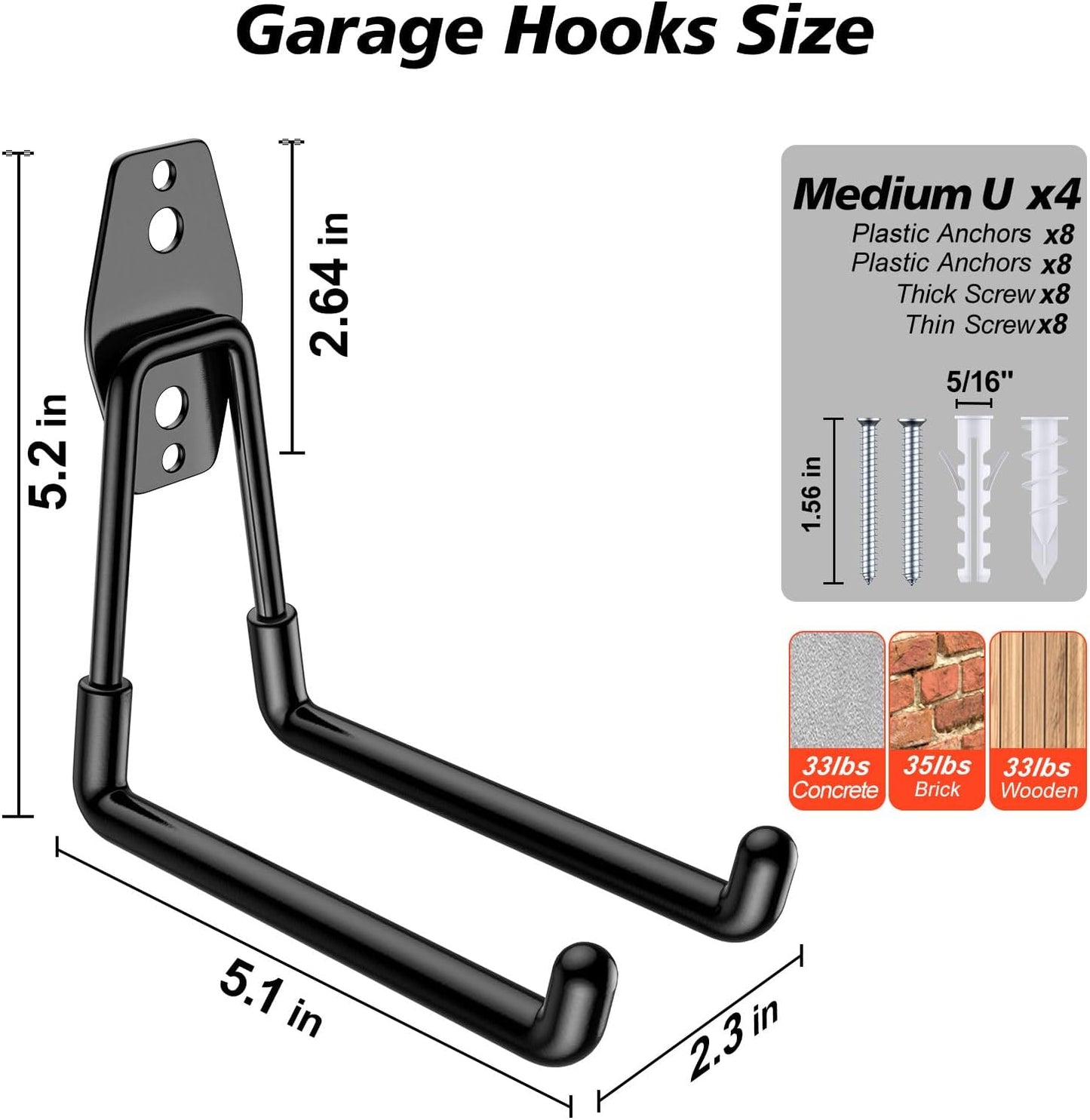 4 Pack 5.2x5.1 inch U Heavy Duty Garage Hooks,Solid Steel Wall Mount Hangers,with Anti-Slip Coating,for Hanging and Organising Ladder,Bike,Ropes,Broom,Garden,Yard and Power Tools