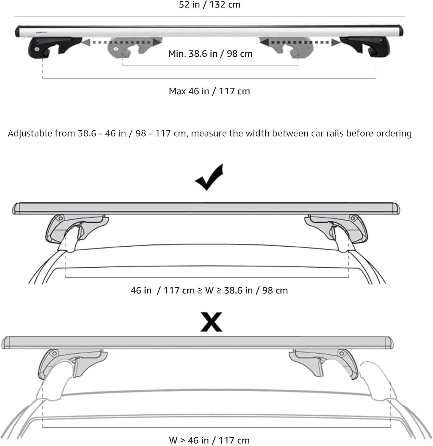 Amazon Basics Cross Rail Roof Rack, 52 inches, Fits up to 46" Spans between Raised Side Rails with Gap, Pack of 2, Black/Silver