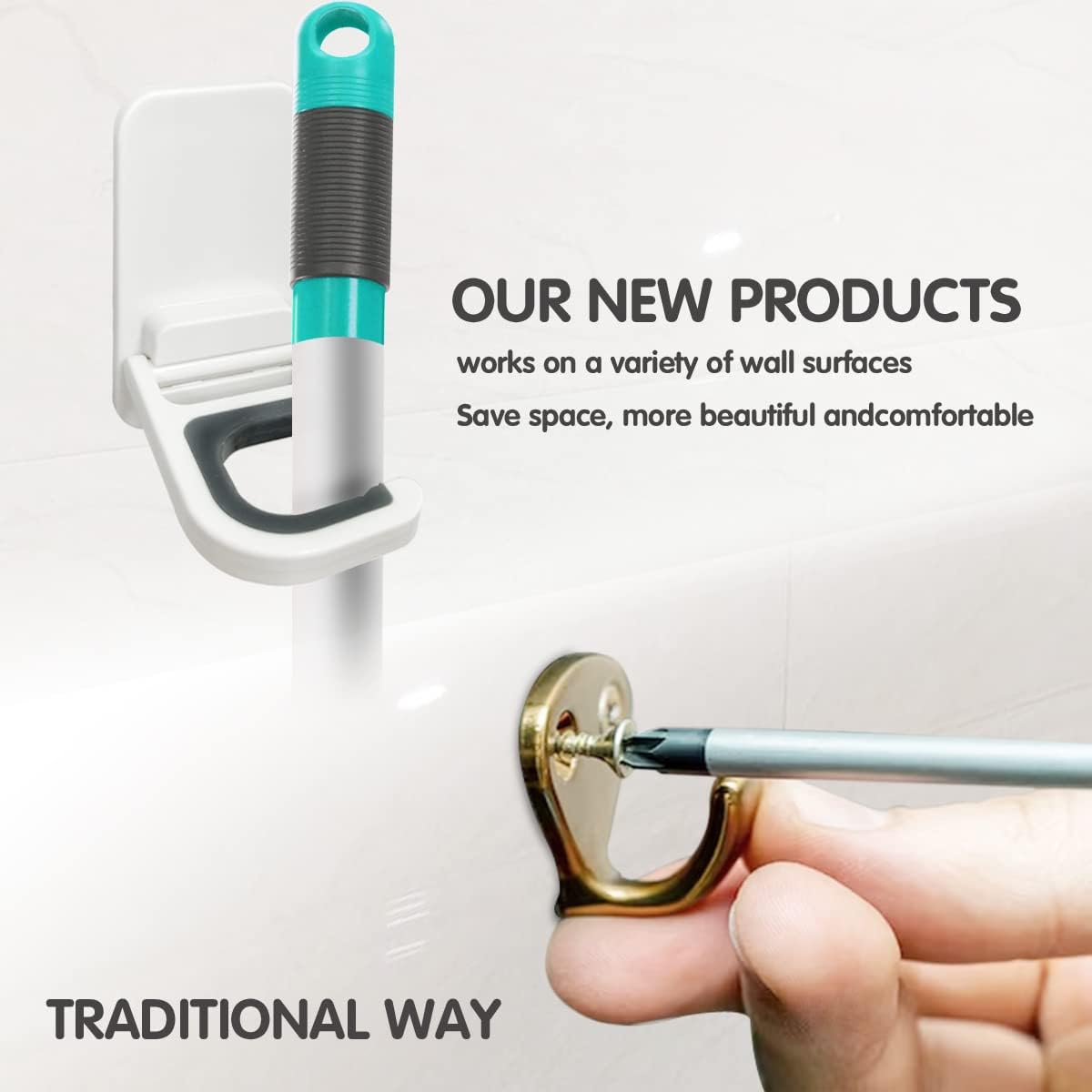 6PCS Broom and Mop Holder Wall Mount, Self Adhesive – No Drilling Broom Hanger Gripper, Organizer Rack Wall Mounted Utility Rack for Kitchen, Bathroom, Closet, Garden Garage