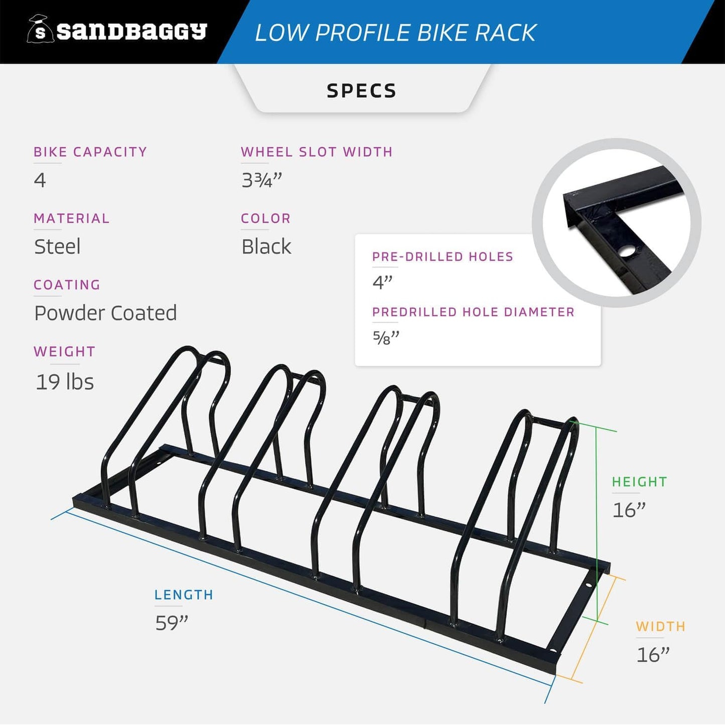 Sandbaggy Commercial Low Profile Bike Rack - Outdoor, Surface Mount, Steel - 4 Bike (4 Capacity (Low-Profile), 1)