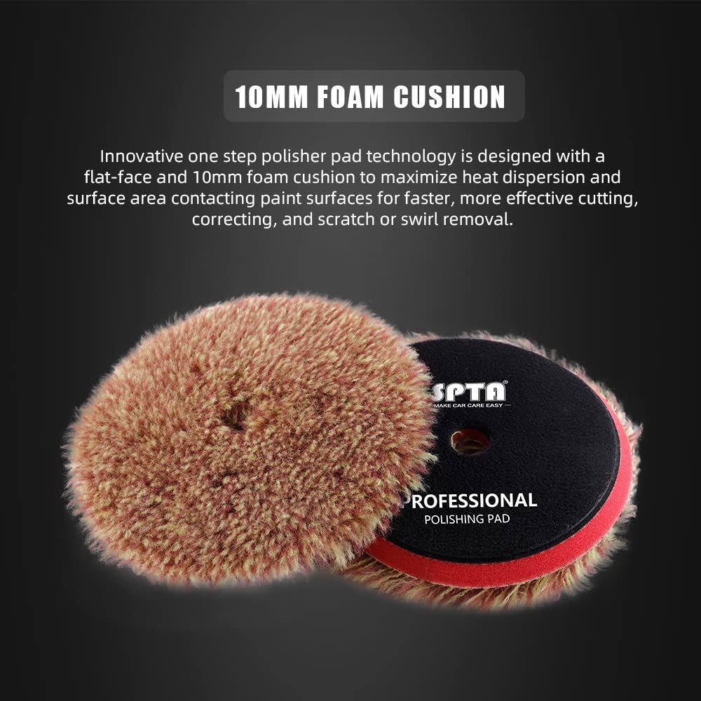 SPTA Wool Polishing Pads, 2Pcs 5 Inch (125mm) Wool Cutting Pad, Long Hair Wool Buffing and Polishing Pad Set, Wool Buffing Wheel for Heavy Cut for 5 Inch Car Polisher Polishing, Buffing and Cutting