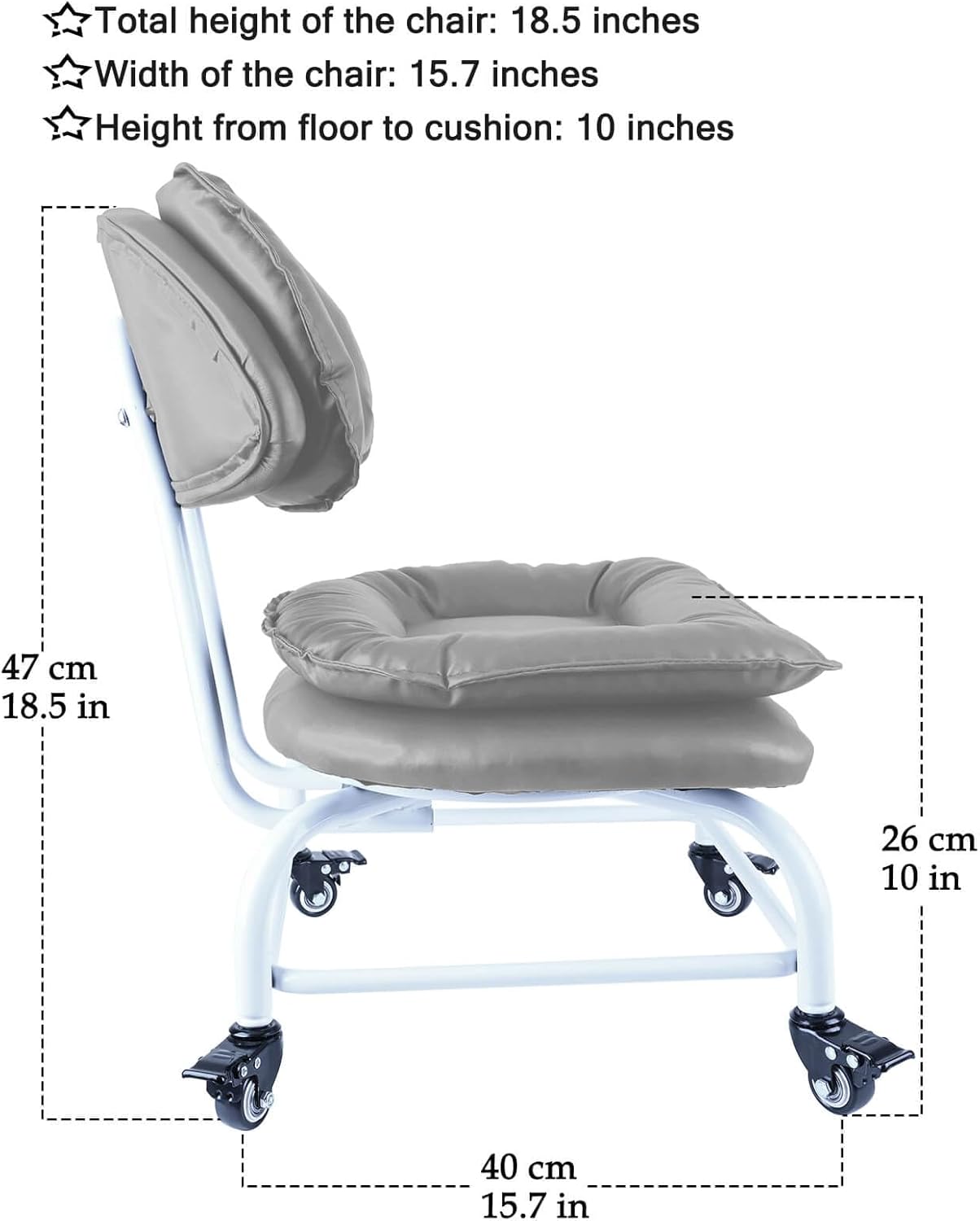 Rolling Stool Wide Seat with Back Rolling Chair 4 Wheels with Brakes for Home Office Garage Shop Waterproof Roller Seat Durable Steel Stand Light Gray