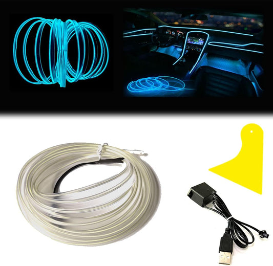 El Wire Ice Blue Interior Car LED Strip Lights, 5M Neon Wire USB 5V with Fuse Protection for Automotive Interior Decoration, with 6mm Sewing Edge