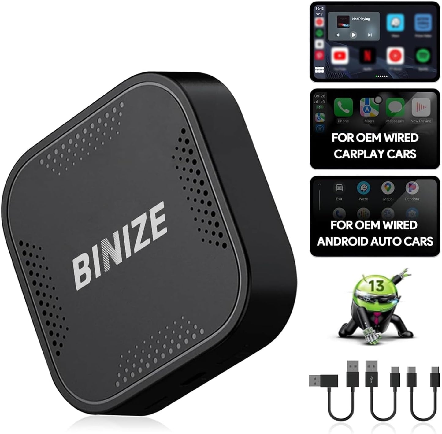 Binize CarPlay AI Box Wireless - Android Auto Built-in Navigation, Supports Streaming Video Apps, Only for Cars with OEM Wired CarPlay/Android Auto