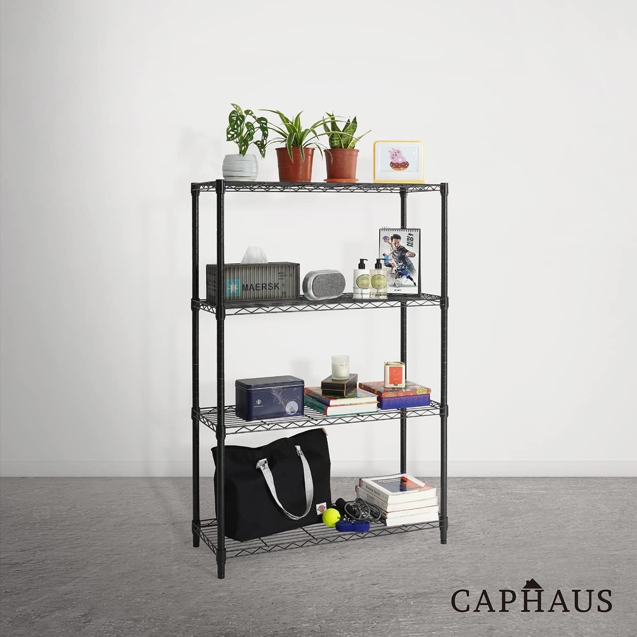 CAPHAUS 4-Tier Adjustable Height Wire Shelving Unit, Wire Rack Shelving, Metal Steel Storage Shelves, Garage Shelving Storage Organizer, Utility Storage Shelf, Without Wheels, Black