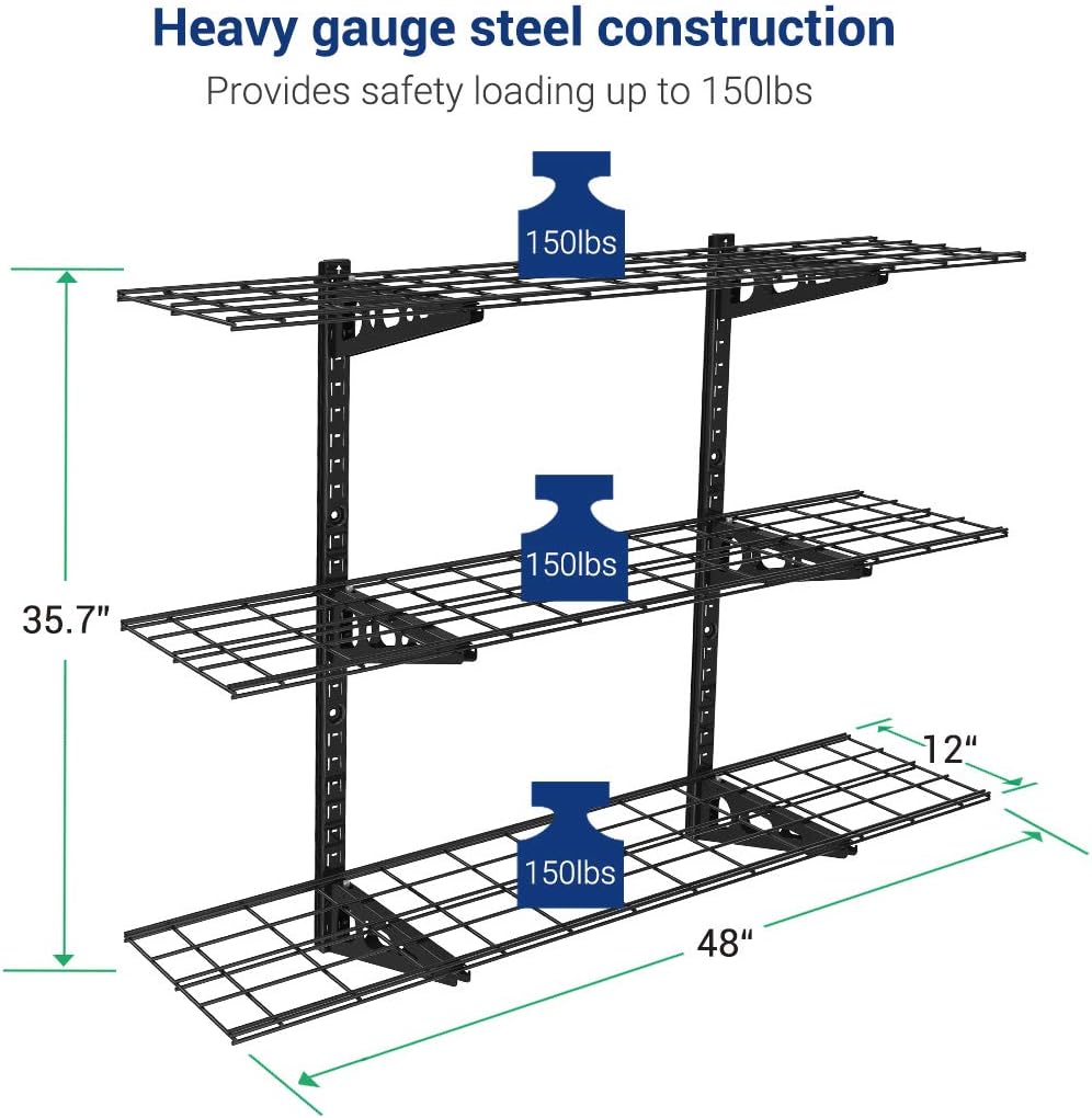 FLEXIMOUNTS 3 Tier 1x4ft Garage Storage Wall Shelving, 12x48inch per Shelf Height Adjustable Floating Shelves, 450lbs Total Weight Capacity, Black