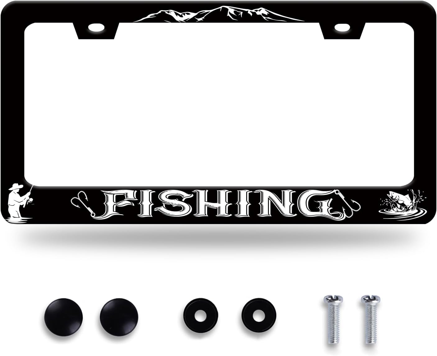 Fishing License Plate Frame Personalised License Plate Stainless Steel Funny Fish License Plate Holder for Men Women Universal Black Car Accessories Decoration 12.3" x 6.3"